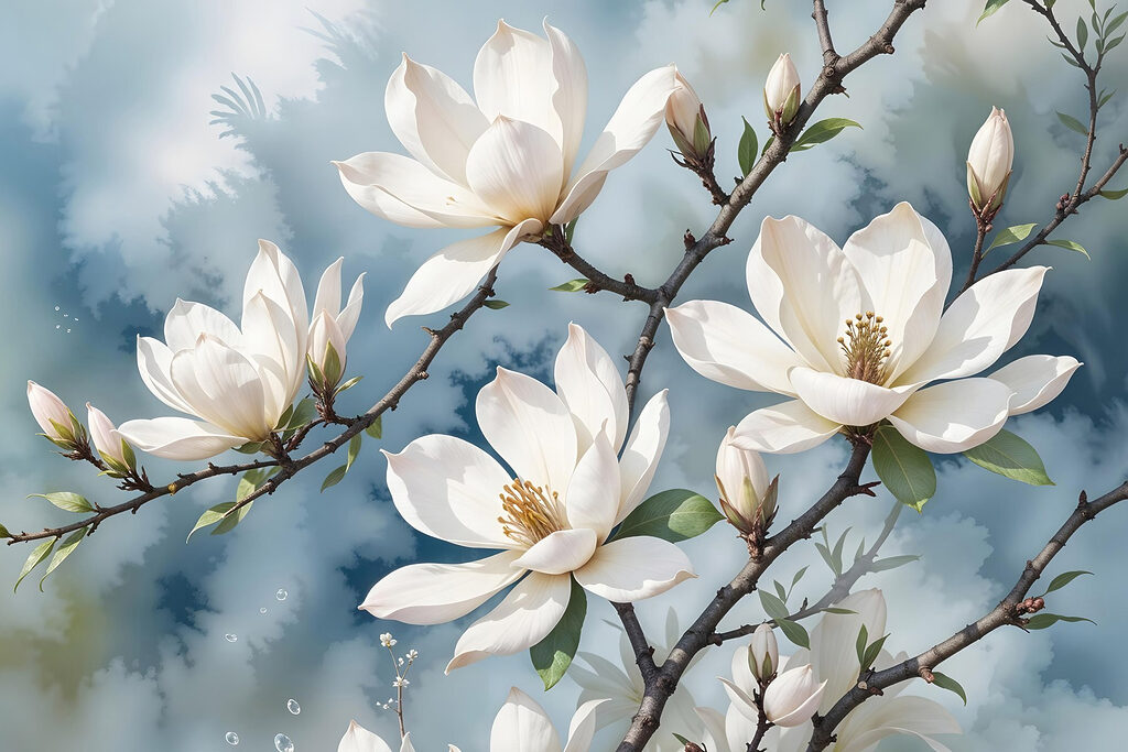 Magnolia blanca, gris azulado — diseño completo