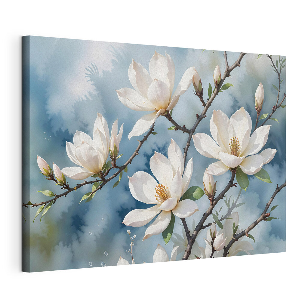 Magnolia blanca, gris azulado, lienzo tensado con el borde envolvente