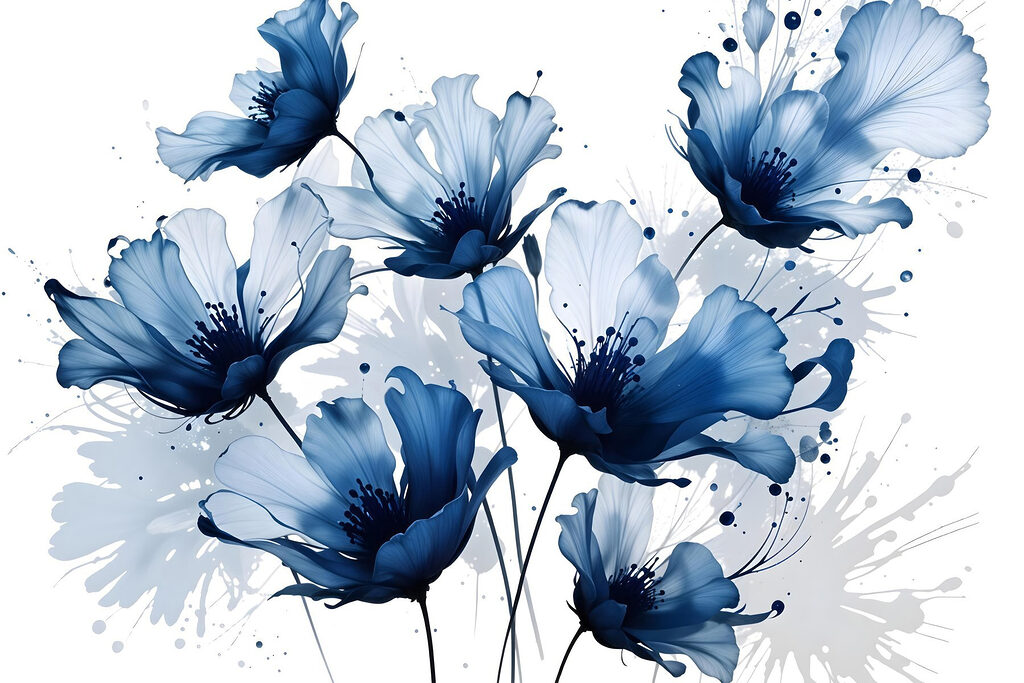 Flores azules en tinta — diseño completo