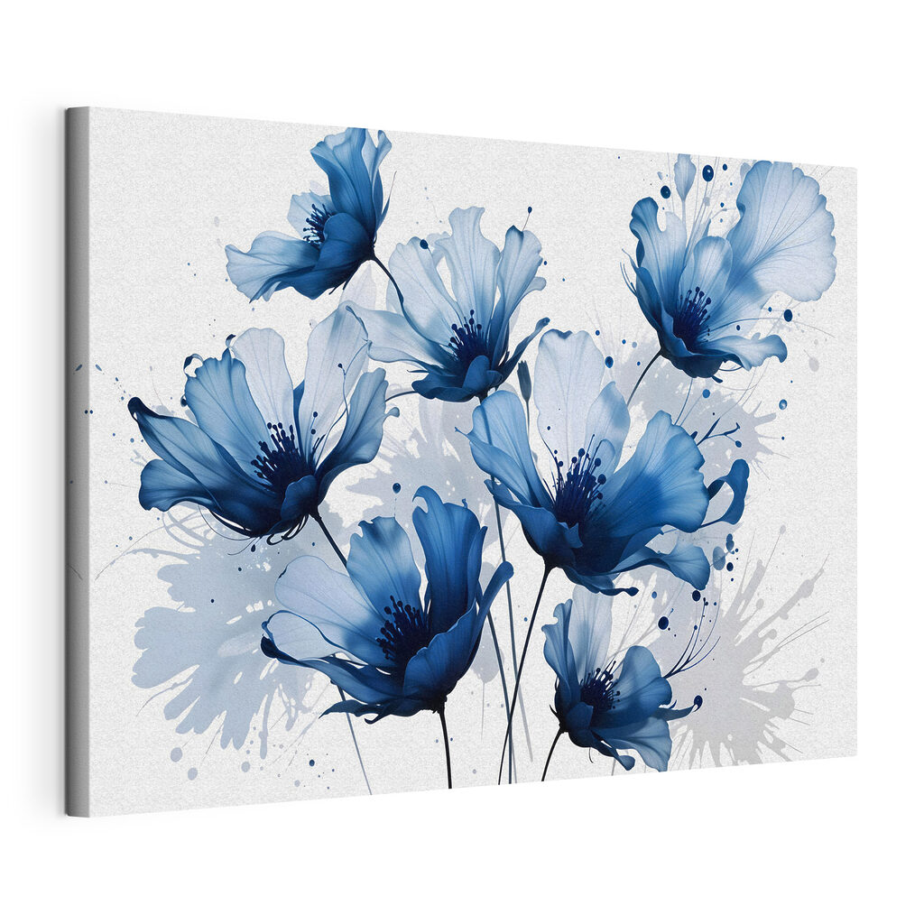 Flores azules en tinta, lienzo tensado con el borde envolvente