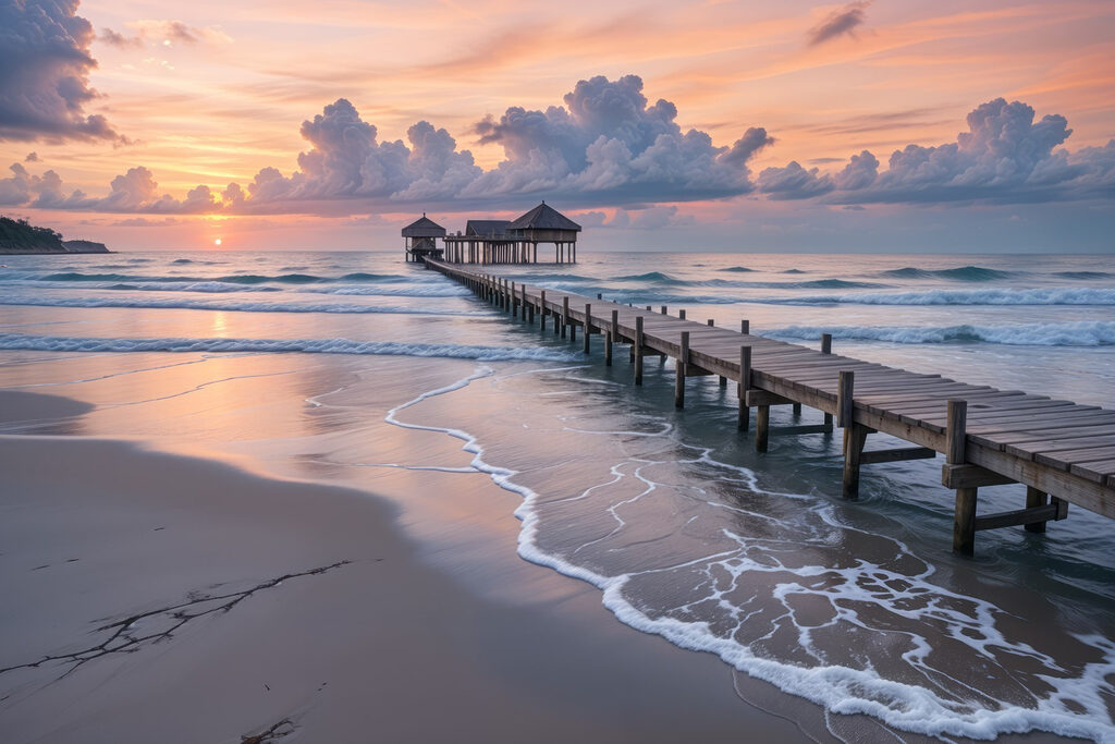 Muelle al atardecer — diseño completo