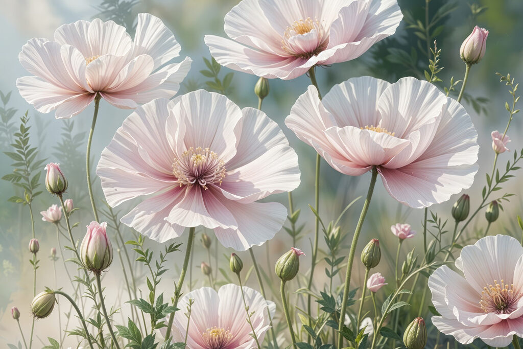 Cálices rosas, gris verdoso — diseño completo