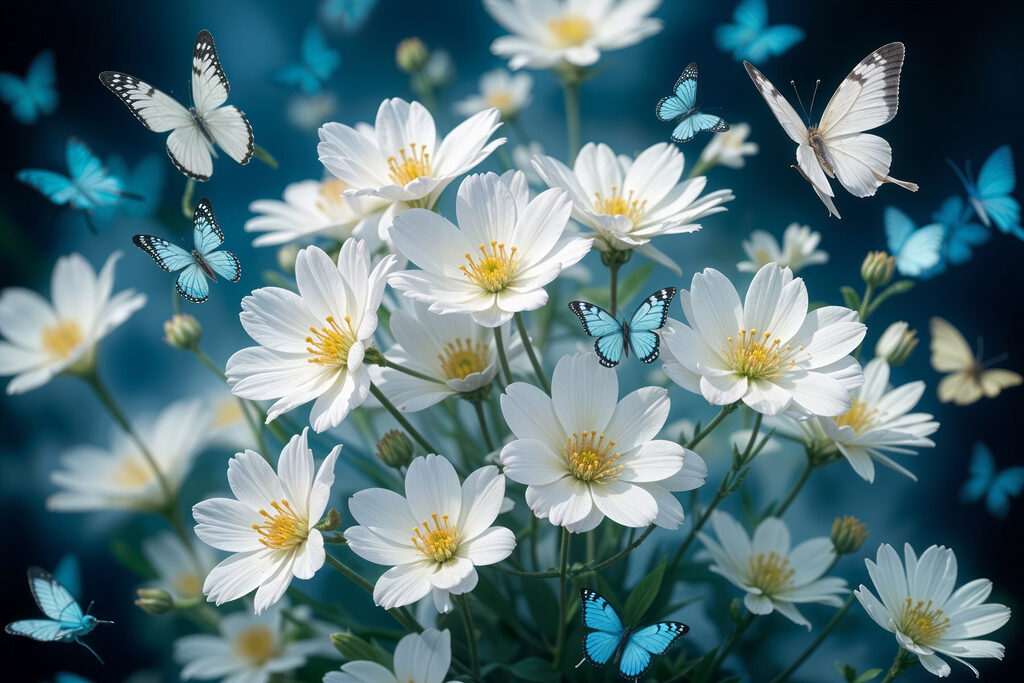 Mariposas sobre flores blancas — diseño completo