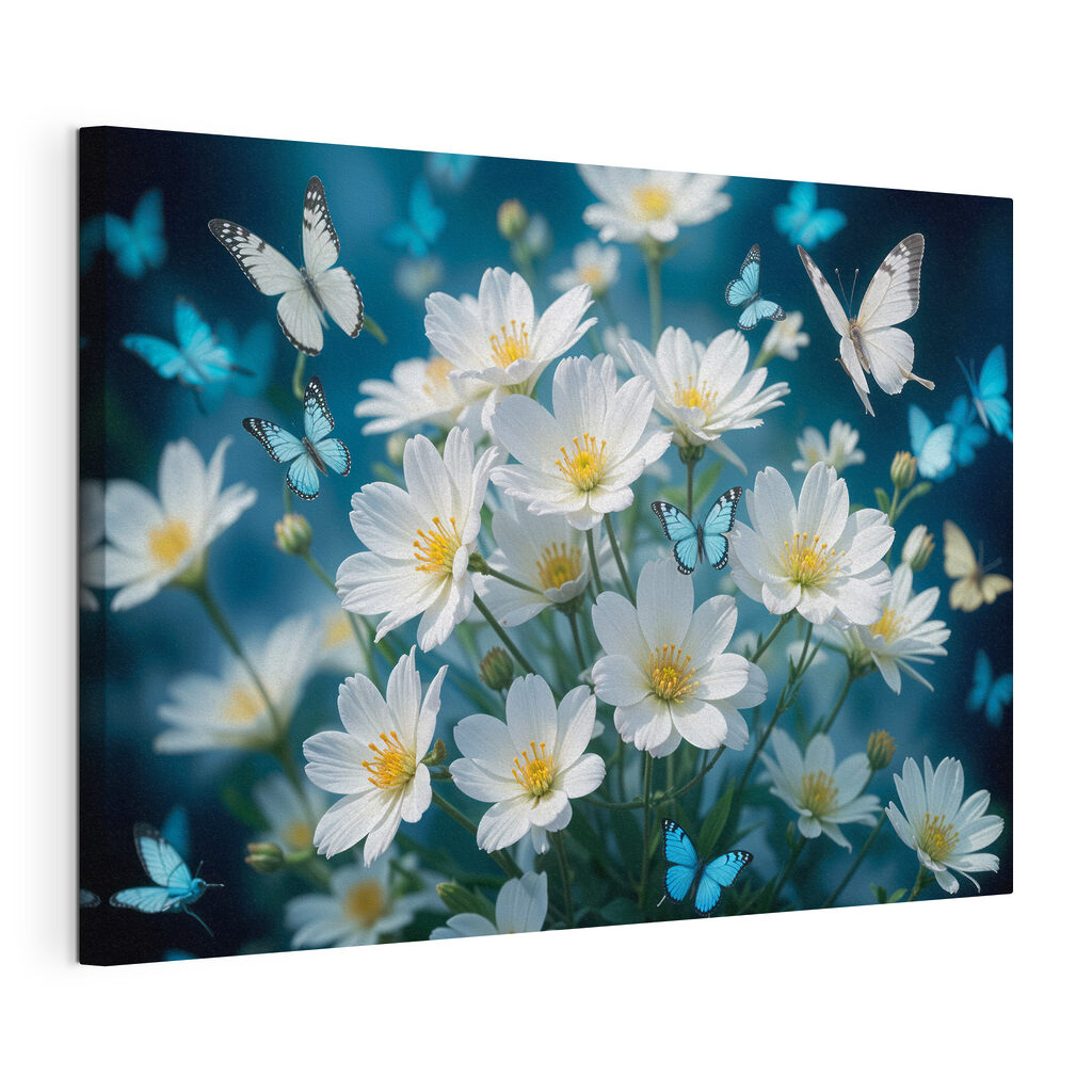 Mariposas sobre flores blancas, lienzo tensado con el borde envolvente