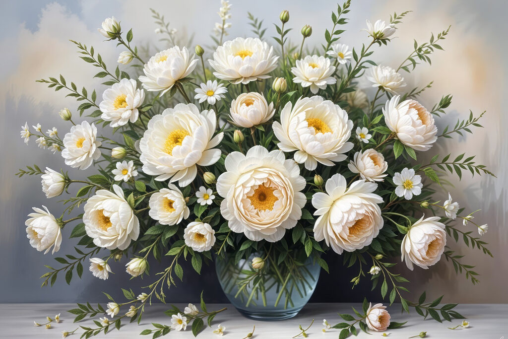 Rosas blancas en jarrón — diseño completo