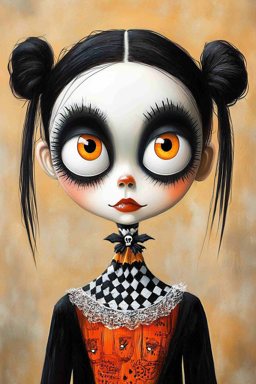 Niña de moños oscuros — diseño completo