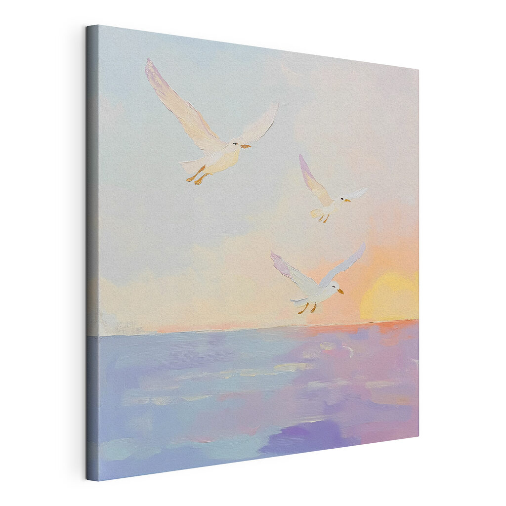Gaviotas en atardecer pastel, lienzo tensado con el borde envolvente