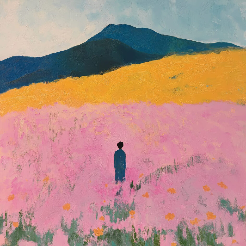 Figura solitaria, campo rosa — diseño completo