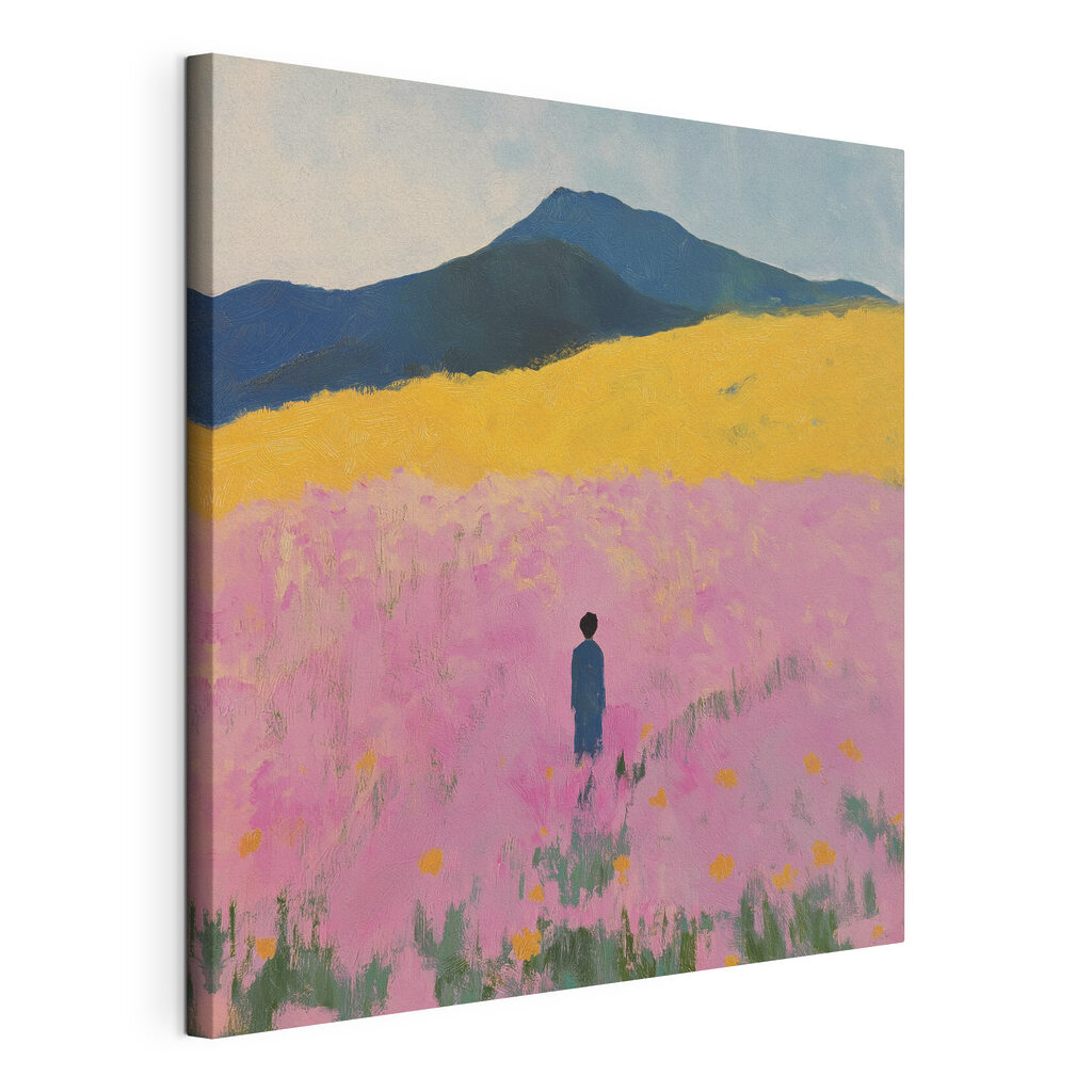 Figura solitaria, campo rosa, lienzo tensado con el borde envolvente