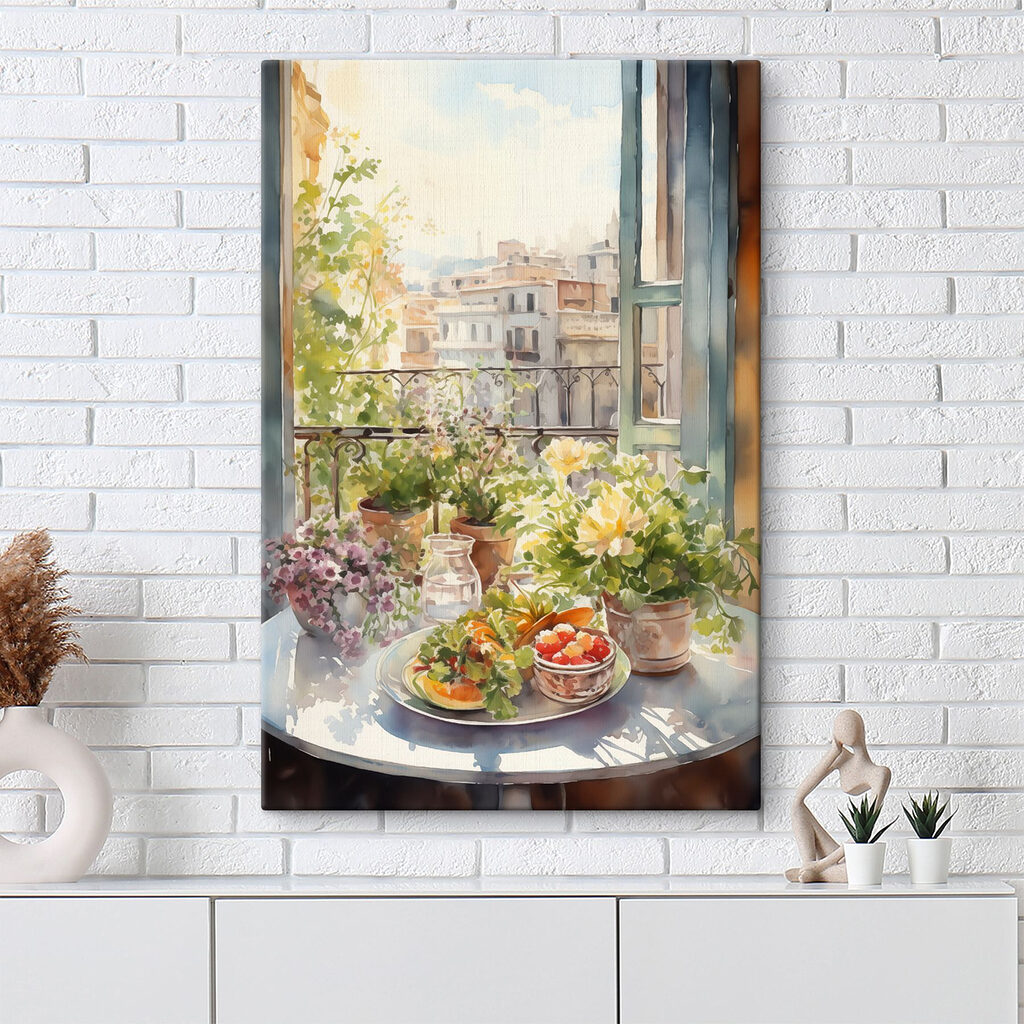Mesa con flores, tejados en un interior