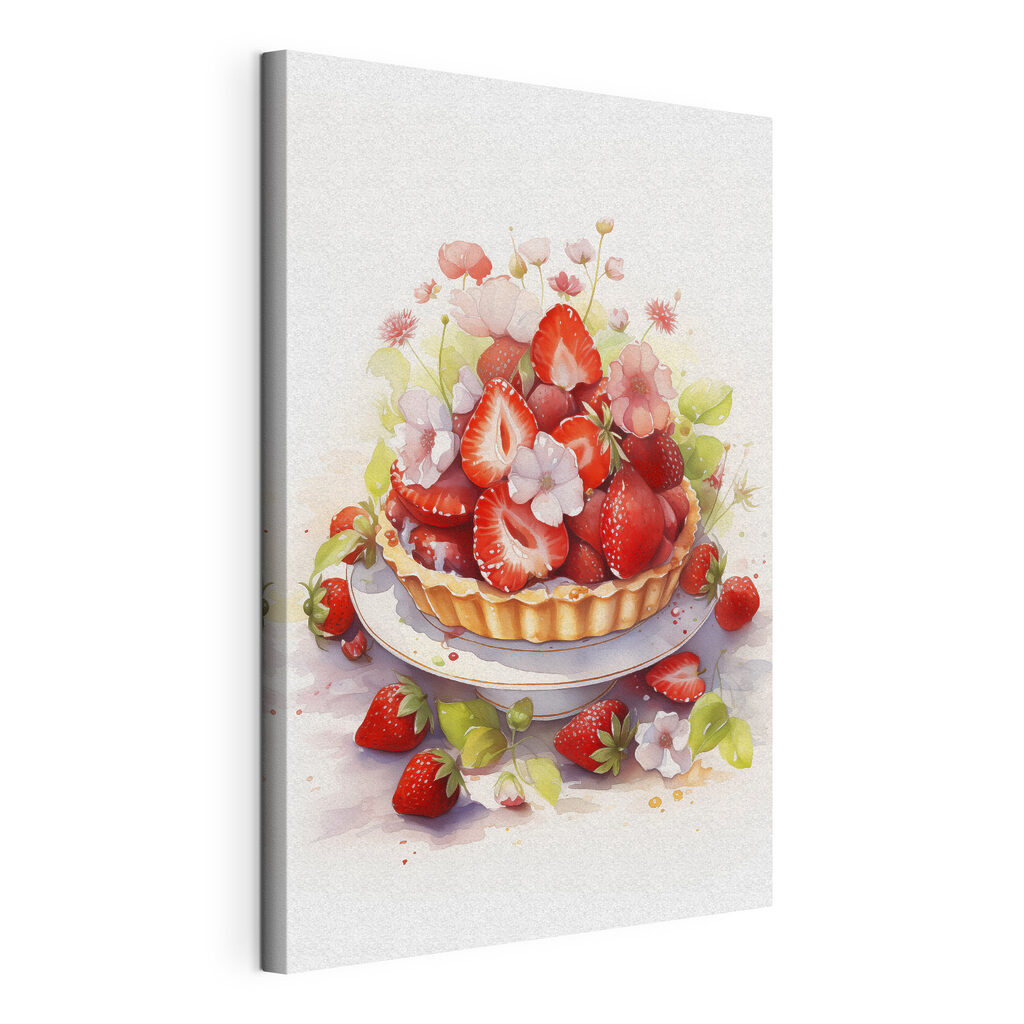Tarta de fresas floridas, lienzo tensado con el borde envolvente