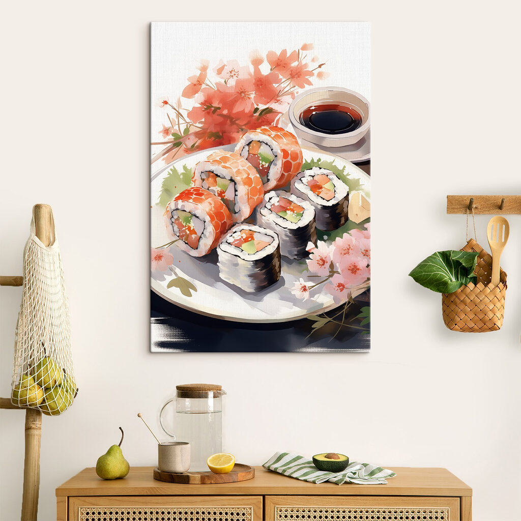 Sushi y rama otoñal en un interior