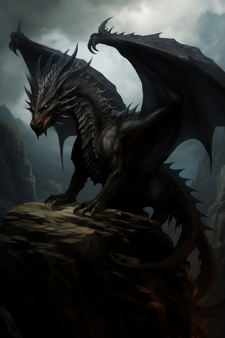 Dragón oscuro sobre rocas — diseño completo