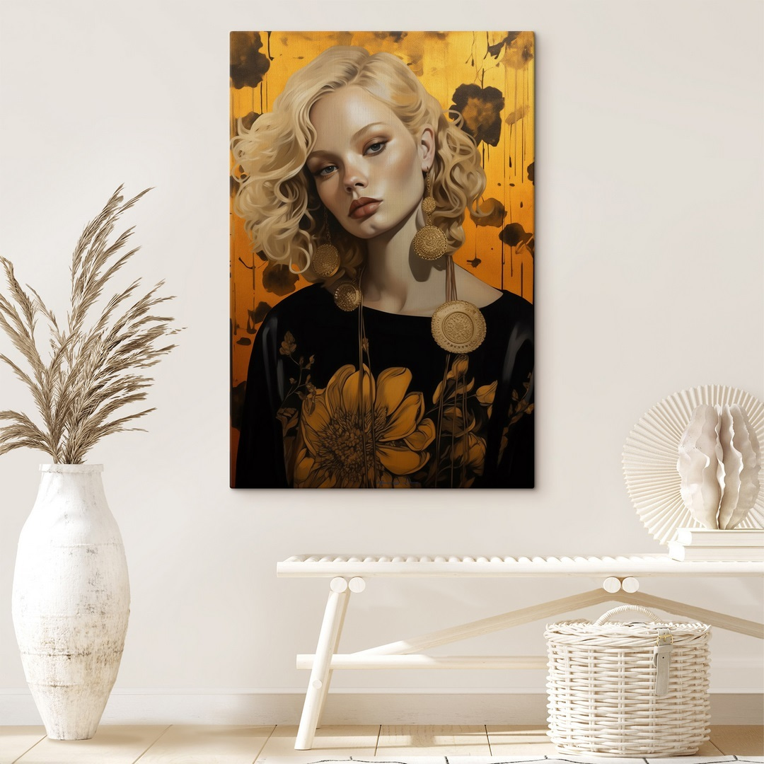 Flores doradas en vestido — interior 1