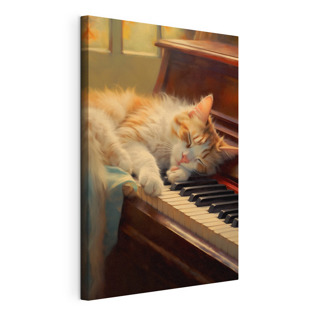 Gatito en el piano, lienzo tensado con el borde envolvente
