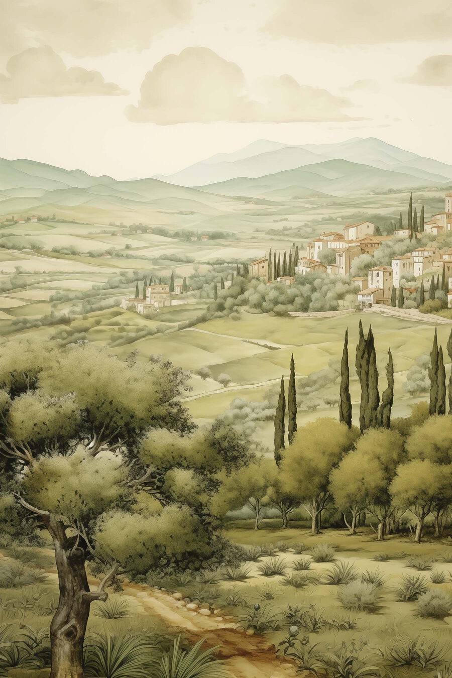 Pueblo entre colinas verdes — diseño completo
