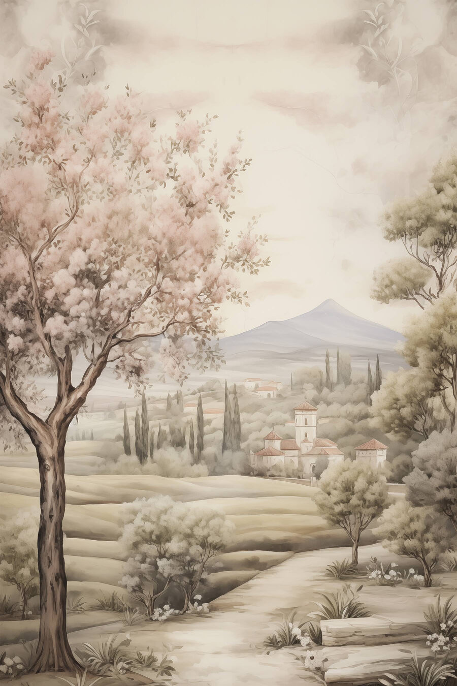 Árbol rosa y camino — diseño completo