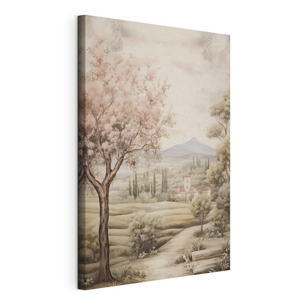 Árbol rosa y camino, lienzo tensado con el borde envolvente