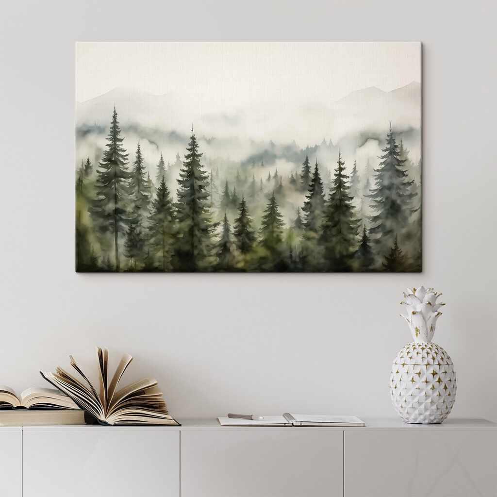 Pinos en niebla verde en un interior