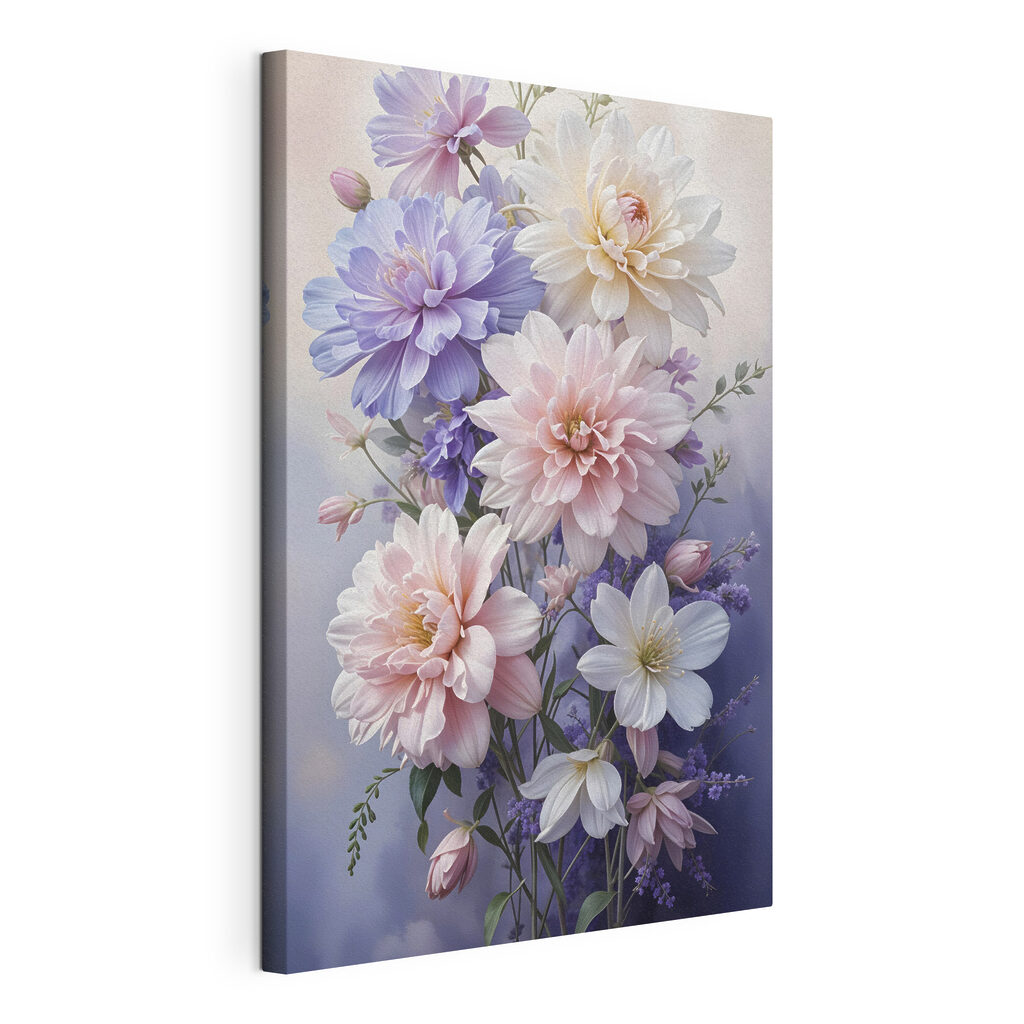 Dalias en tonos pastel, lienzo tensado con el borde envolvente