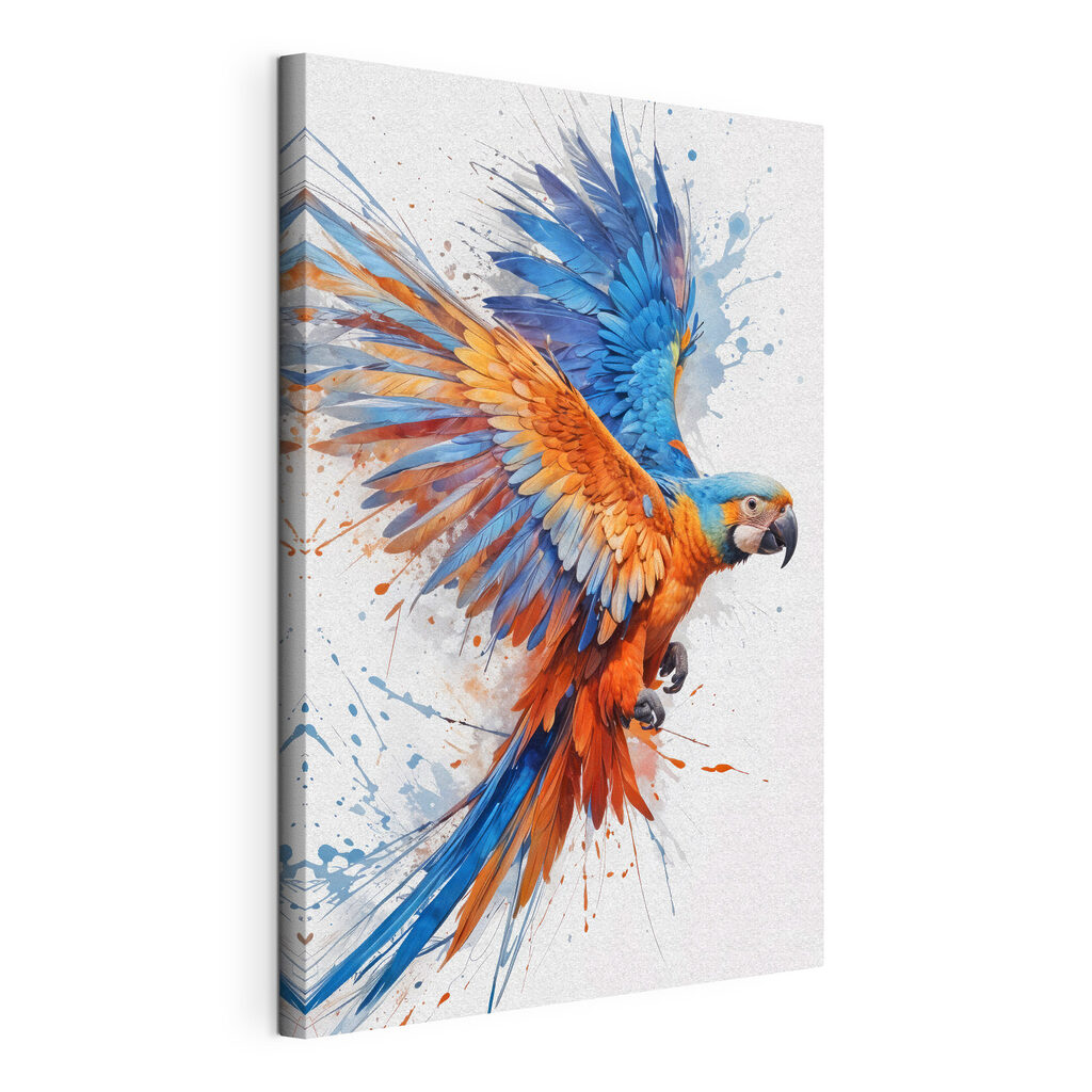 Guacamayo volando en acuarela, lienzo tensado con el borde envolvente