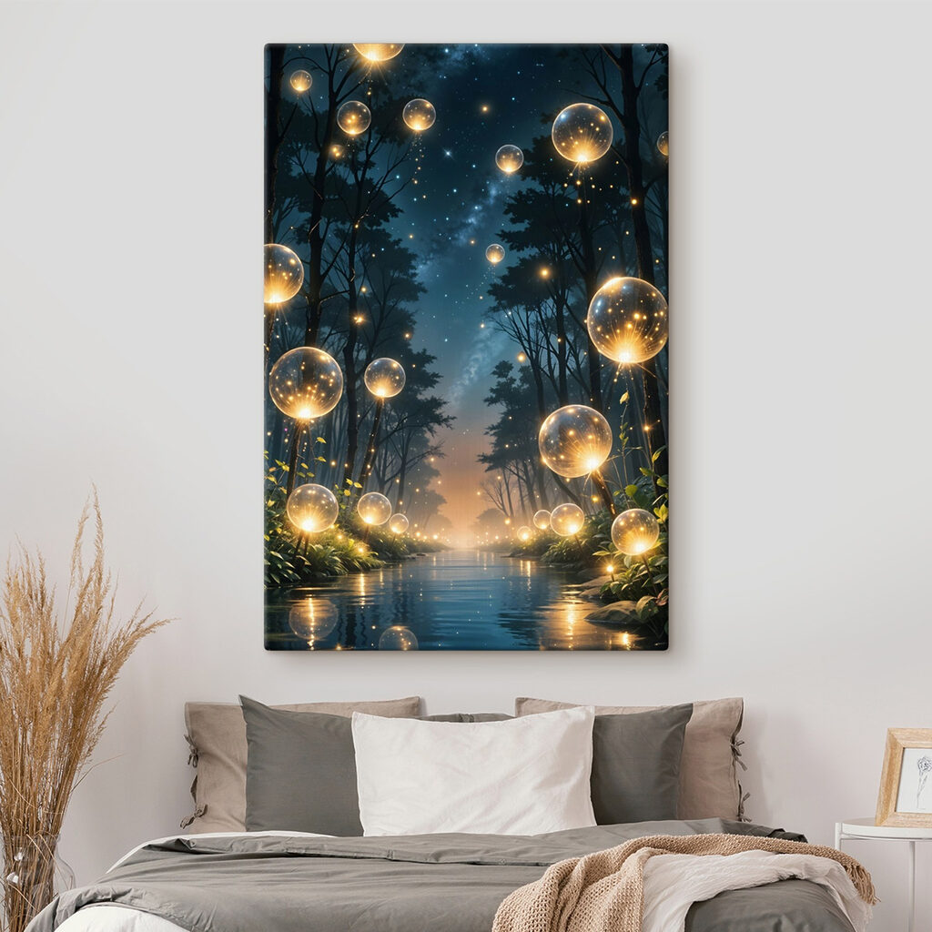 Esferas de luz nocturnas en un interior