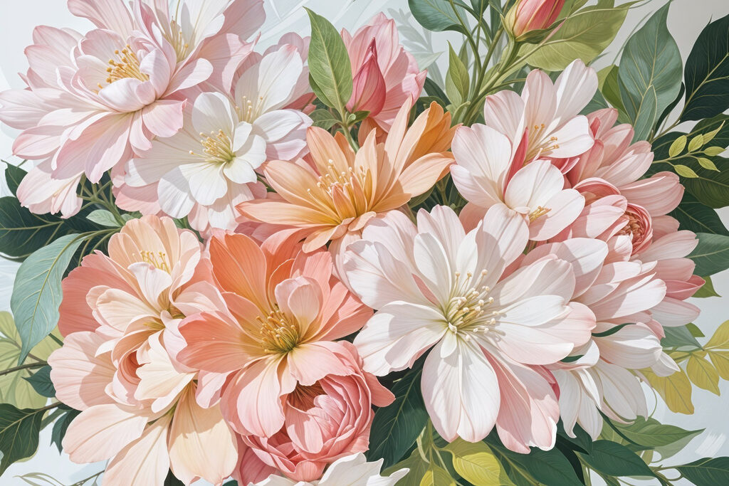 Flores pastel entre hojas — diseño completo