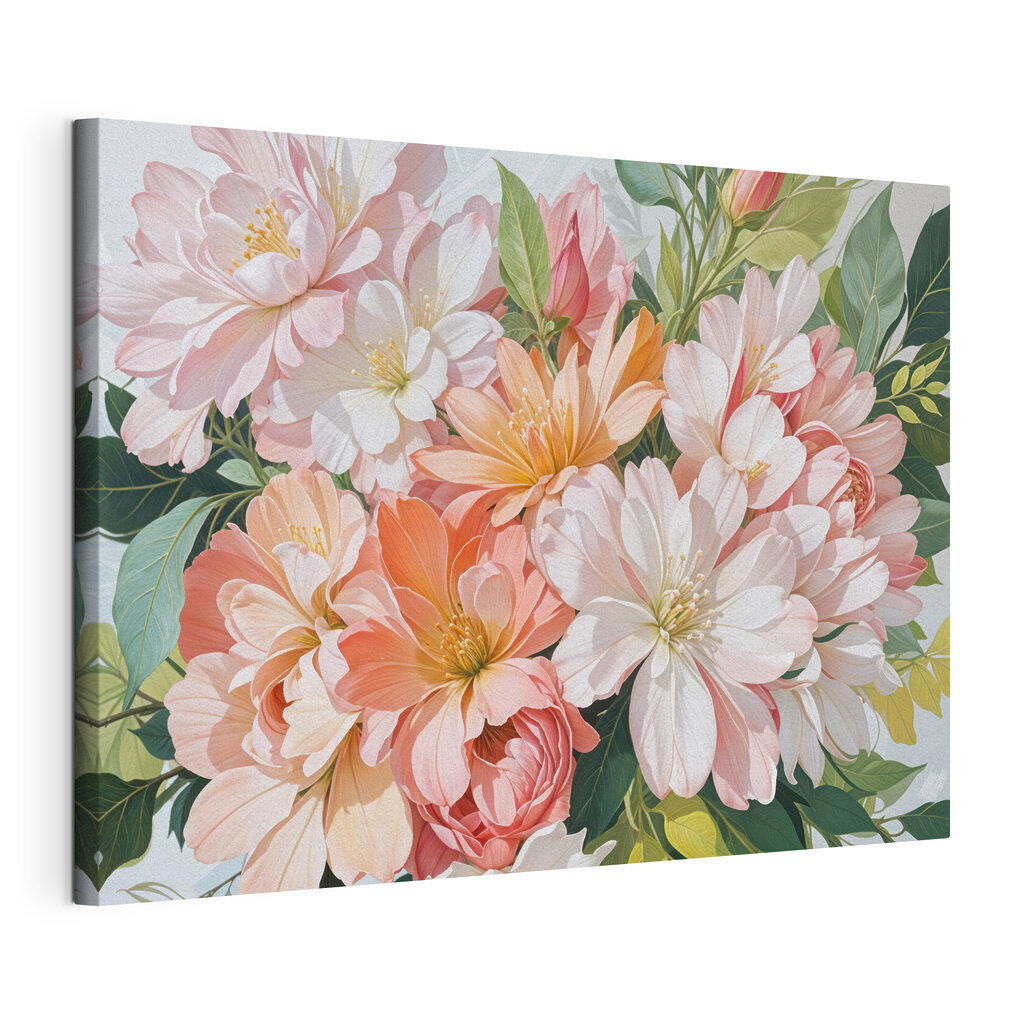 Flores pastel entre hojas, lienzo tensado con el borde envolvente