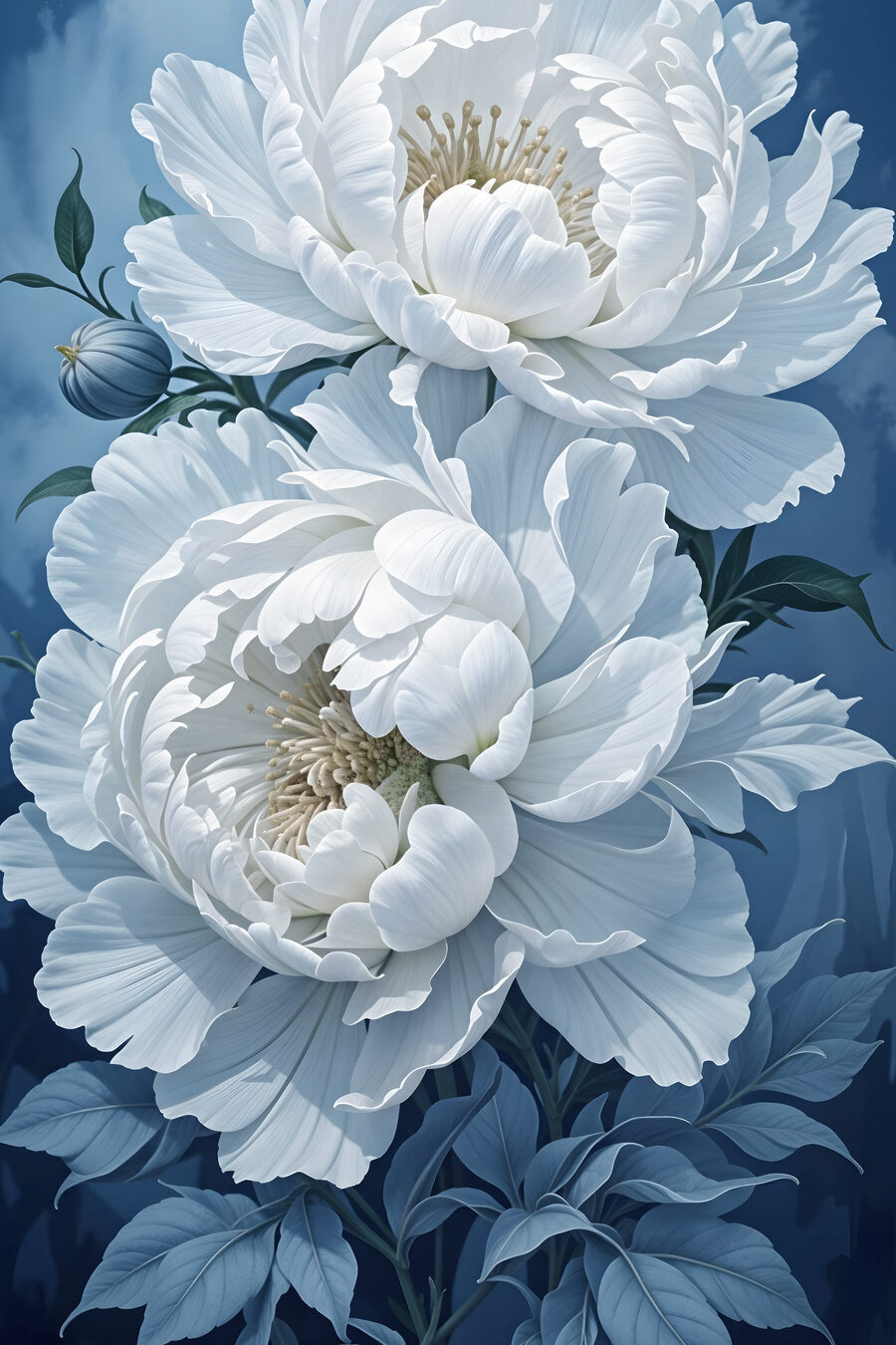 Peonías blancas sobre azul — diseño completo
