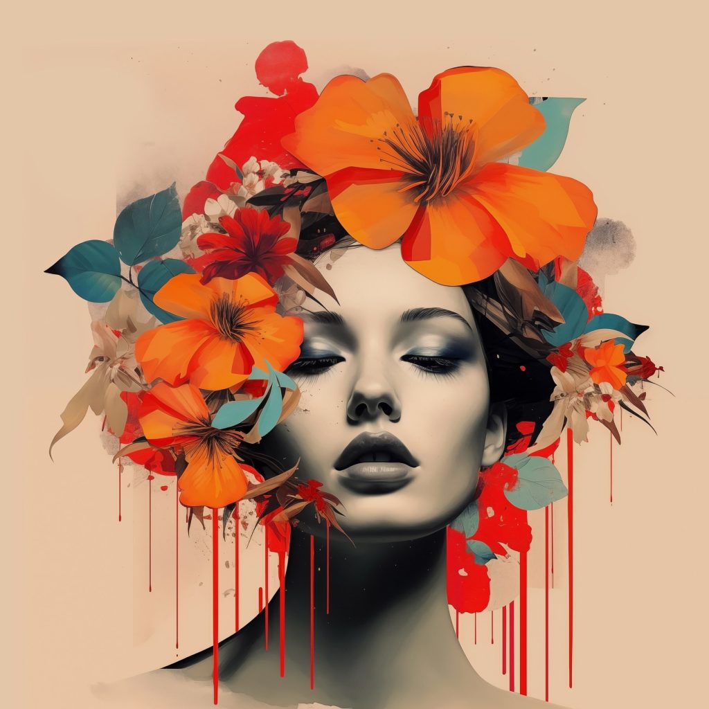 Flores naranjas sobre ojos — diseño completo