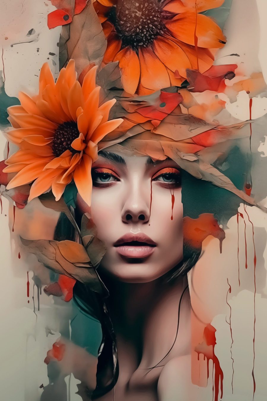 Flores otoñales y mirada — diseño completo