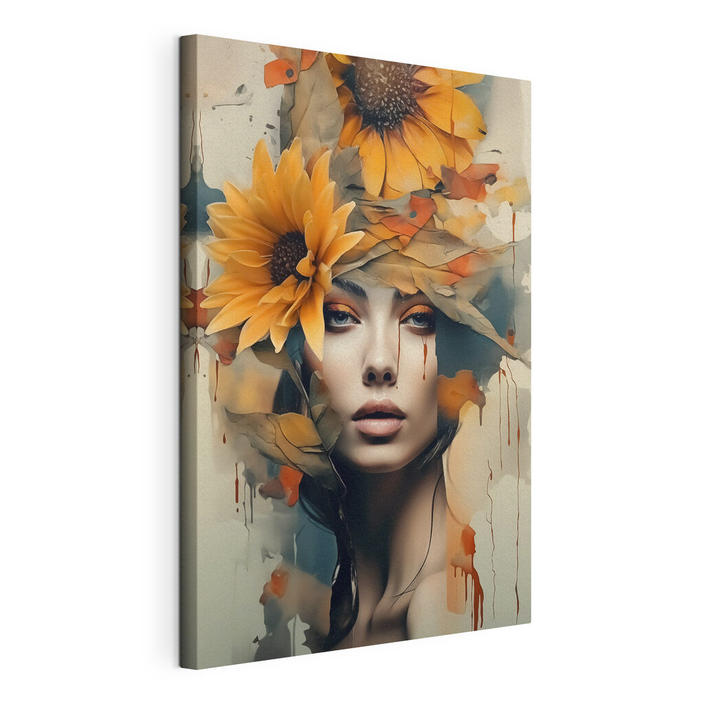 Flores otoñales y mirada, lienzo tensado con el borde envolvente