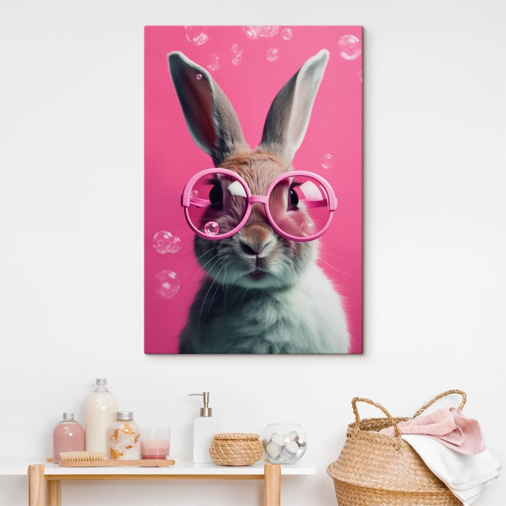 Conejo con gafas rosas en un interior