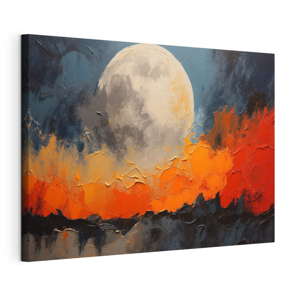 Luna sobre fondo naranja, lienzo tensado con el borde envolvente