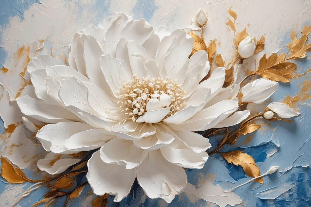 Flor blanca, ramas doradas — diseño completo