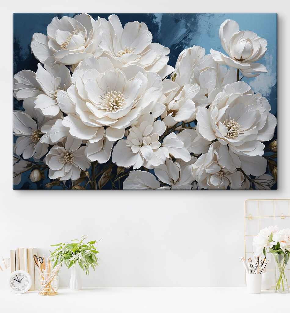 Ramillete blanco sobre azul — interior 1
