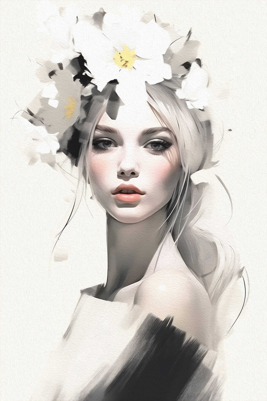Retrato bajo flores blancas — diseño completo