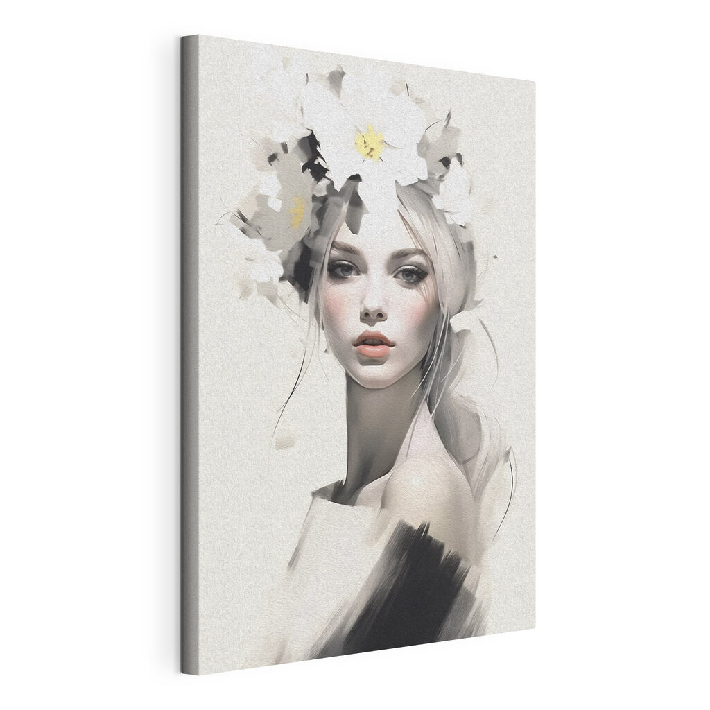 Retrato bajo flores blancas, lienzo tensado con el borde envolvente