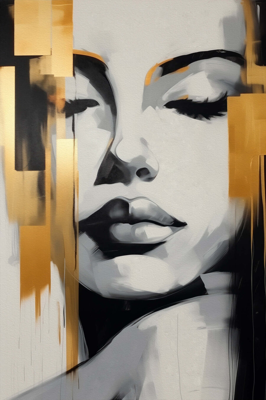 Rostro entre franjas doradas — diseño completo