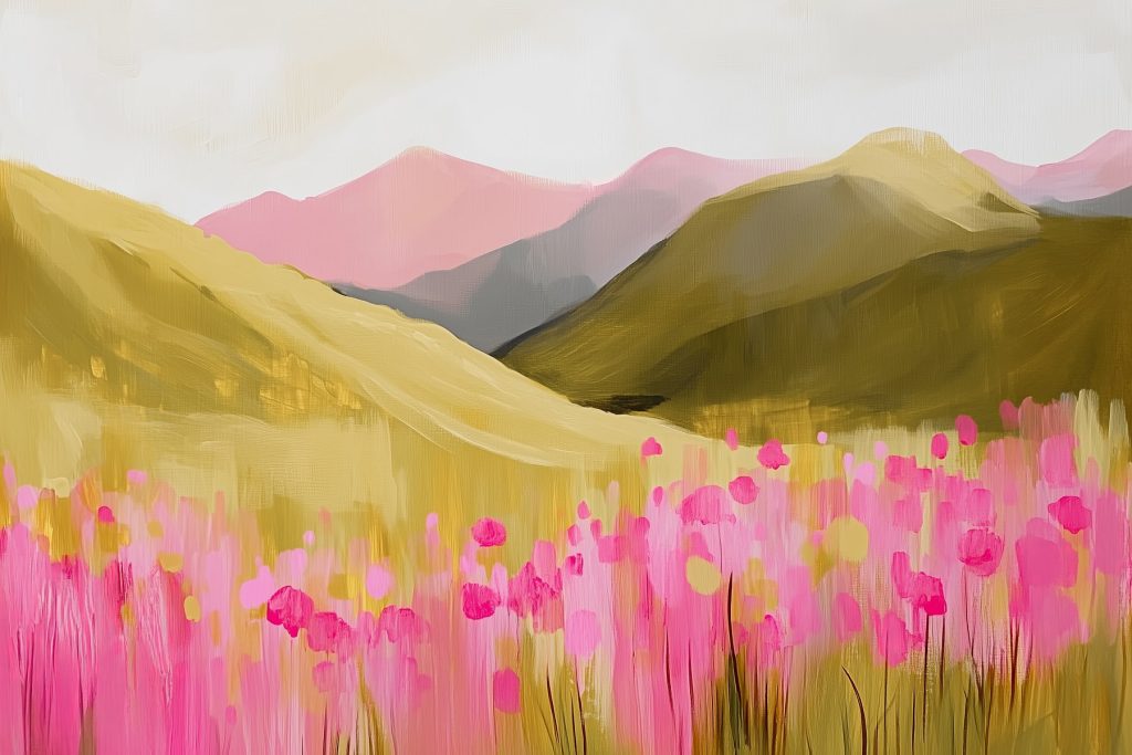 Flores rosas sobre colinas — diseño completo