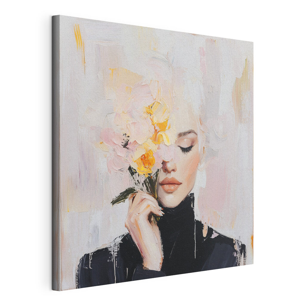 Flores junto al rostro, lienzo tensado con el borde envolvente
