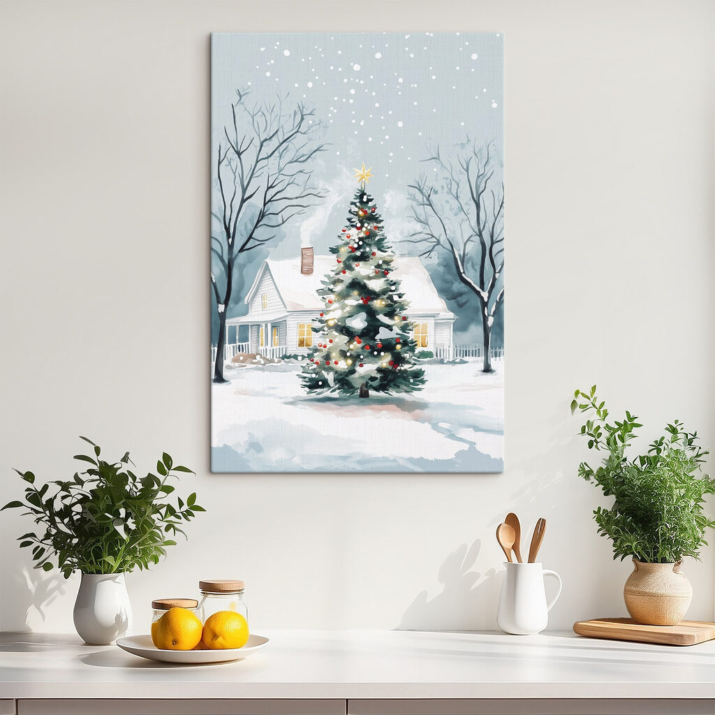 Árbol navideño, casa nevada en un interior