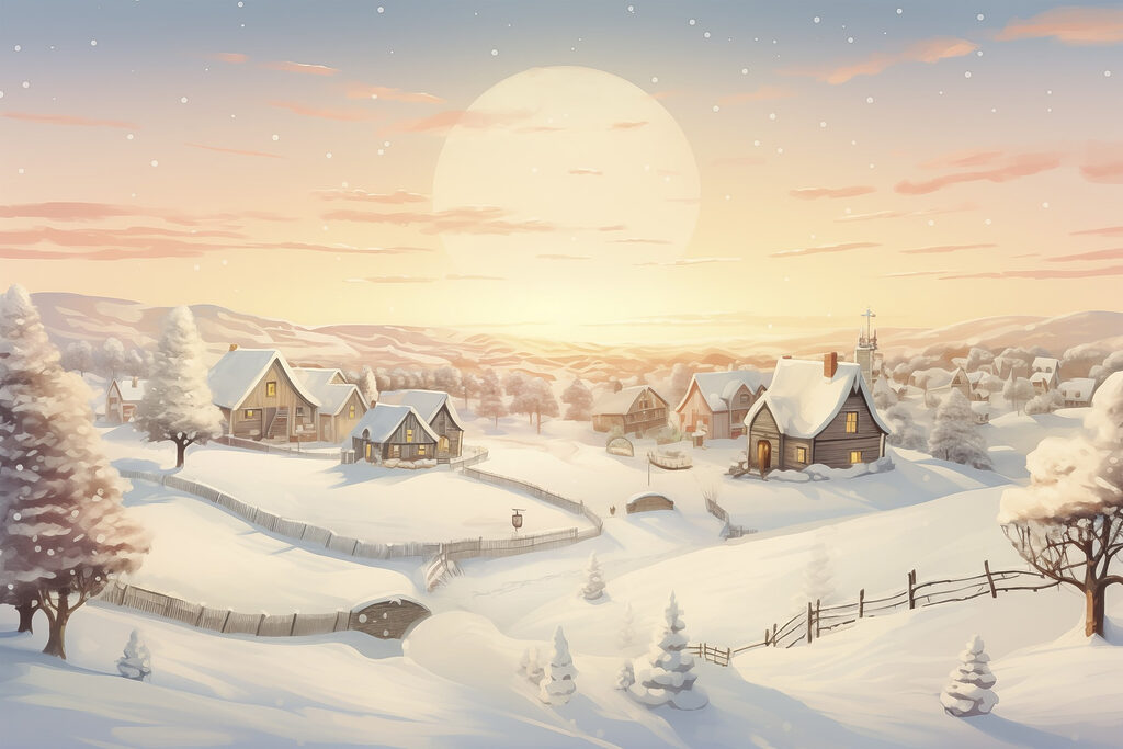 Pueblo nevado al amanecer — diseño completo