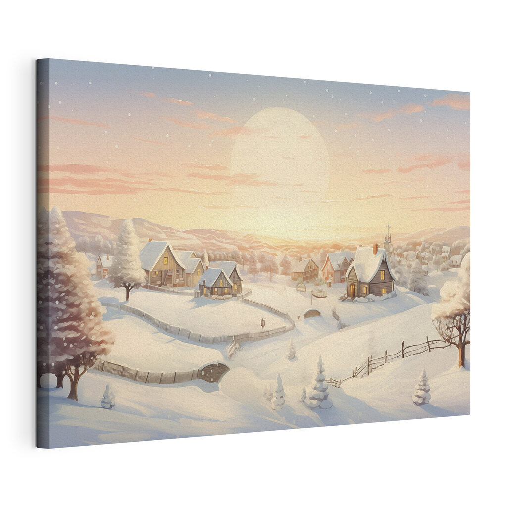 Pueblo nevado al amanecer, lienzo tensado con el borde envolvente
