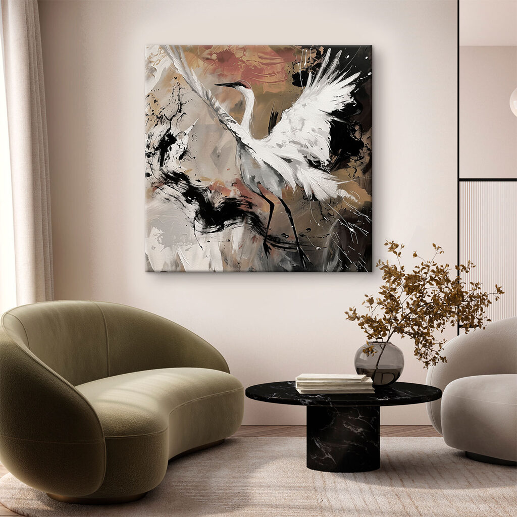 Grulla entre trazos salpicados — interior 1