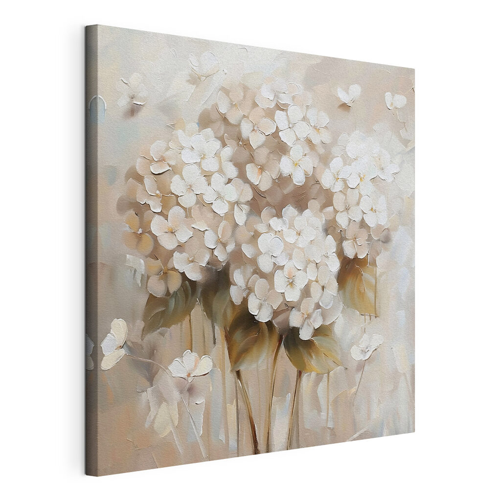 Hortensias color marfil, lienzo tensado con el borde envolvente