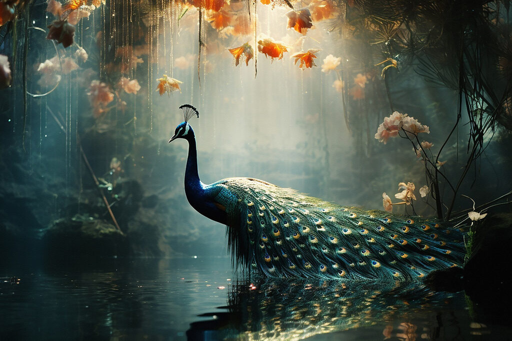 Pavo real sobre agua — diseño completo