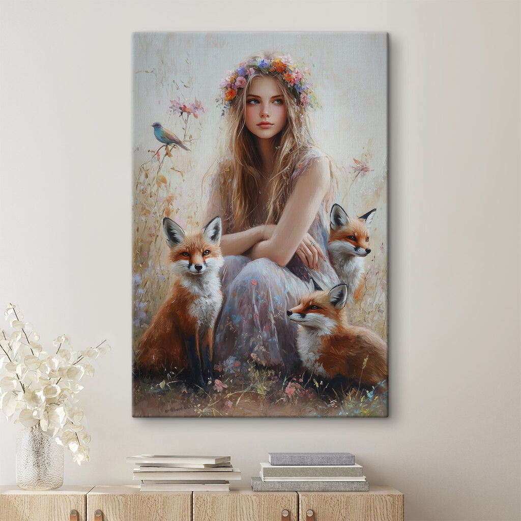 Amigos zorros entre flores en un interior