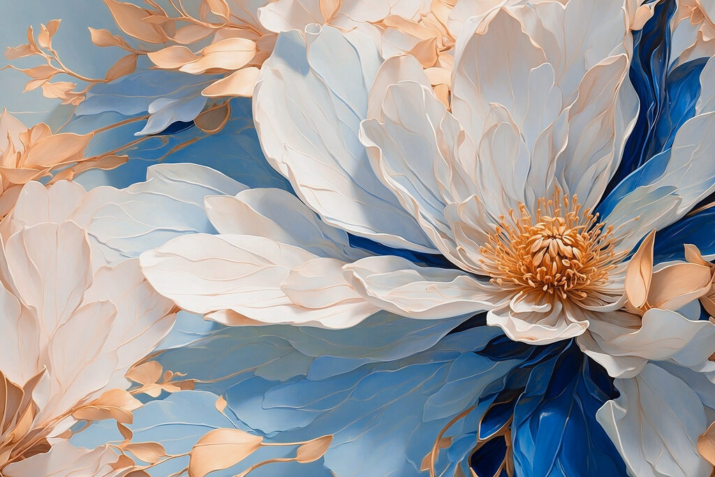 Flor en pliegues azules — diseño completo