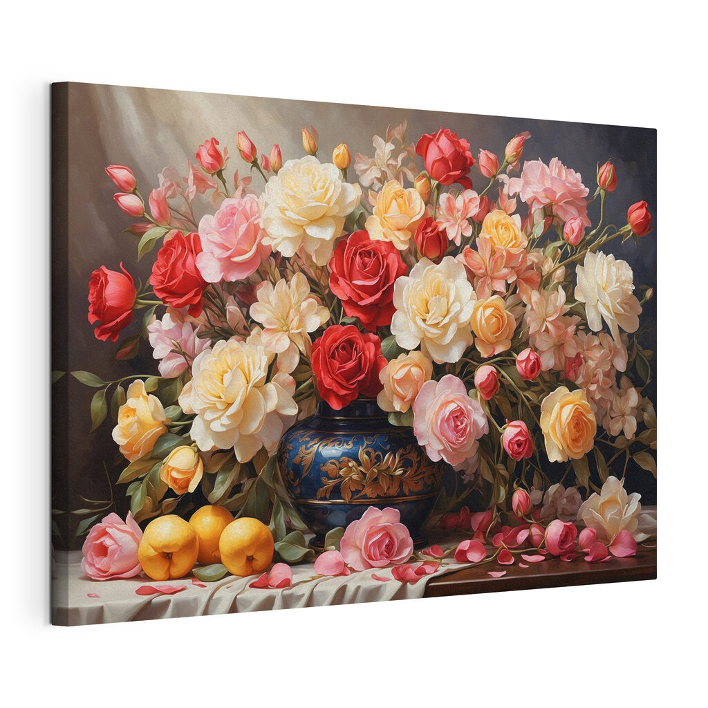 Rosas junto a cítricos, lienzo tensado con el borde envolvente